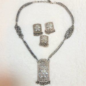 Vintage Afghani Indian Ethnic Silver Oxidized Bollywood Necklace Earring Set